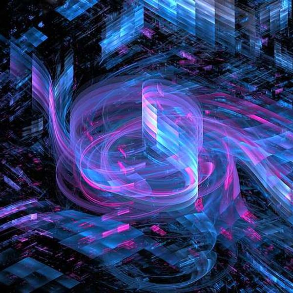 An abstract illustration of a 3d space with pink and blue shapes