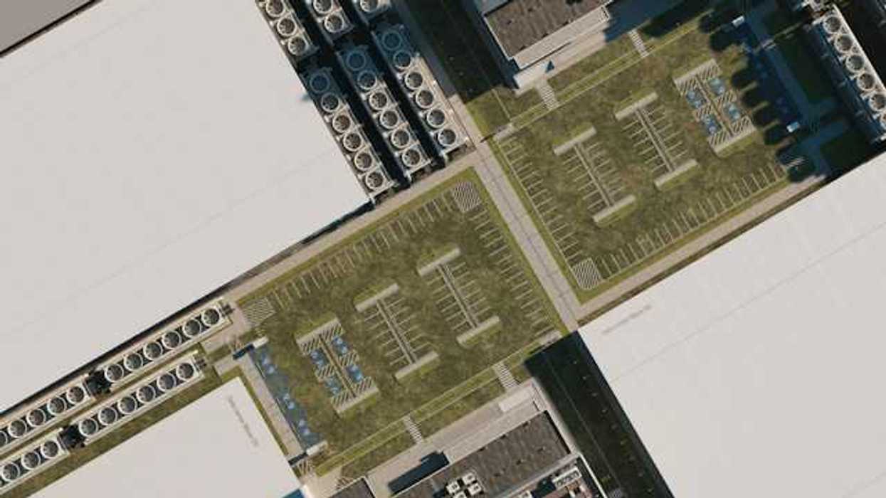 An aerial view of a complex of buildings