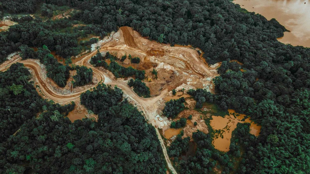 an aerial view of a dirt road and cleared land in the middle of a forest.