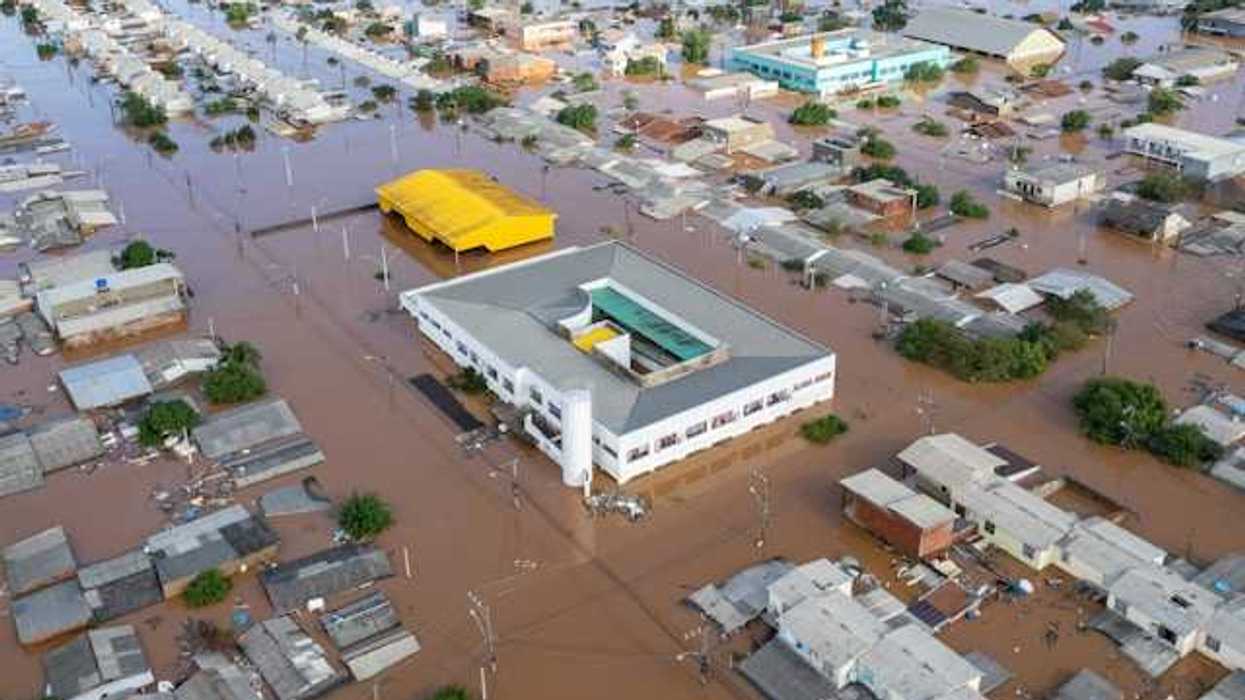 An aerial view of a flooded town