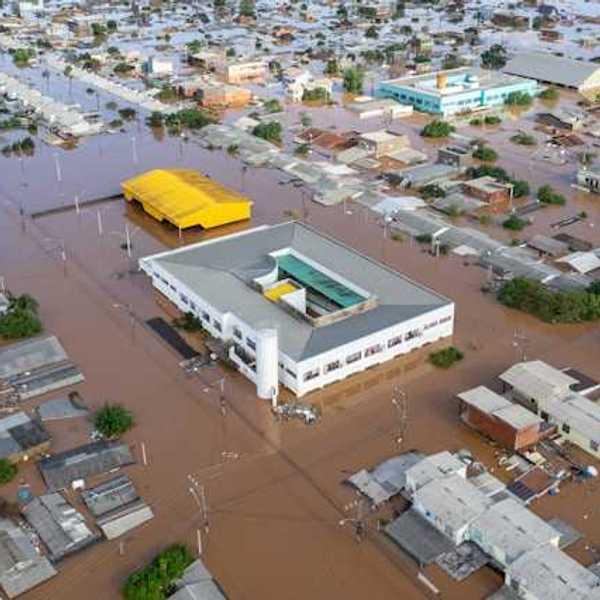 An aerial view of a flooded town