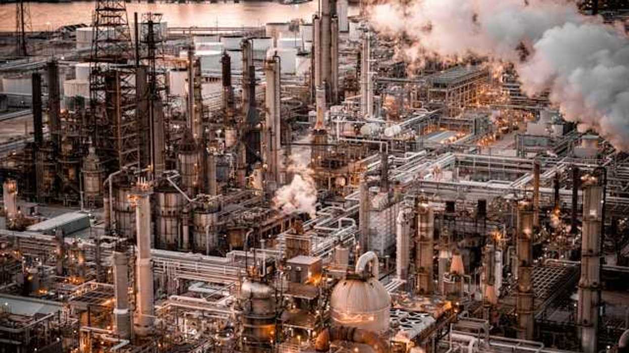 An aerial view of a petrochemical plant next to a body of water