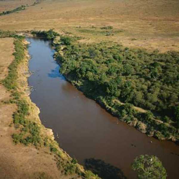 An aerial view of a river flowing between brown fields
