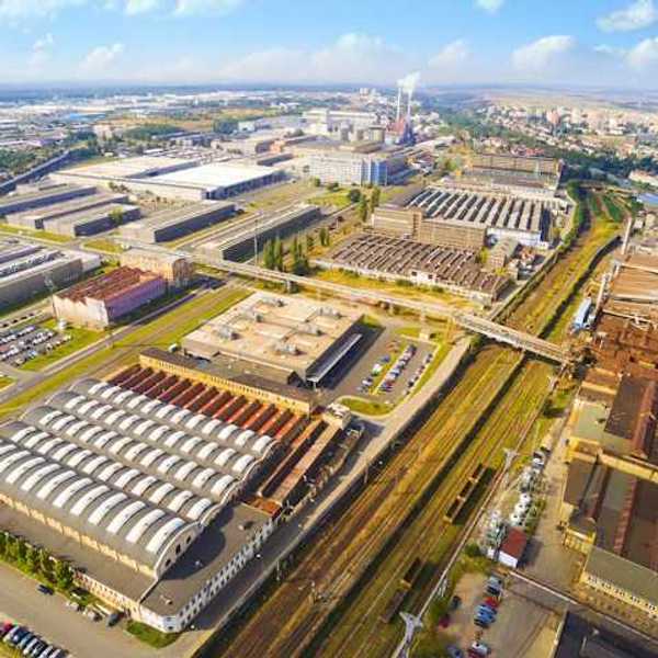 An aerial view of a row of warehouse buildings