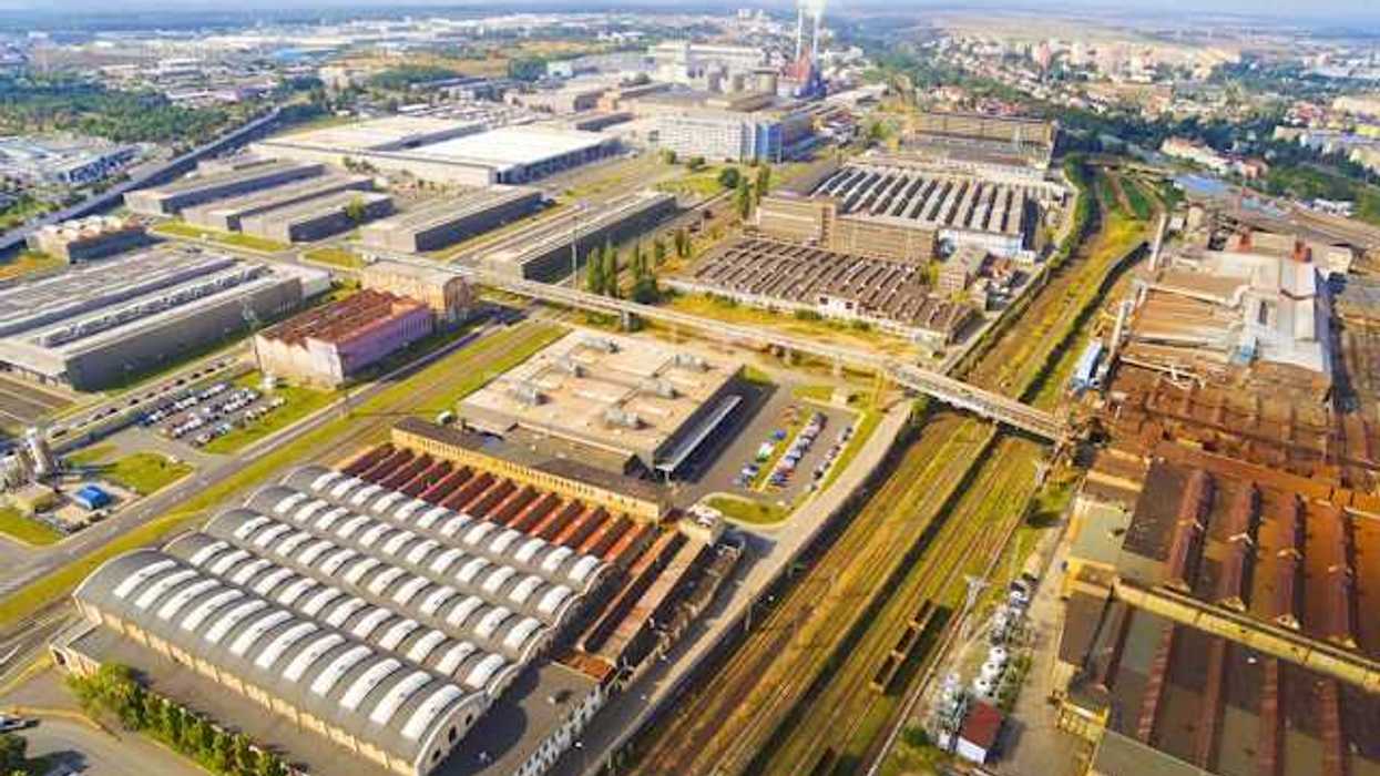 An aerial view of a row of warehouse type buildings