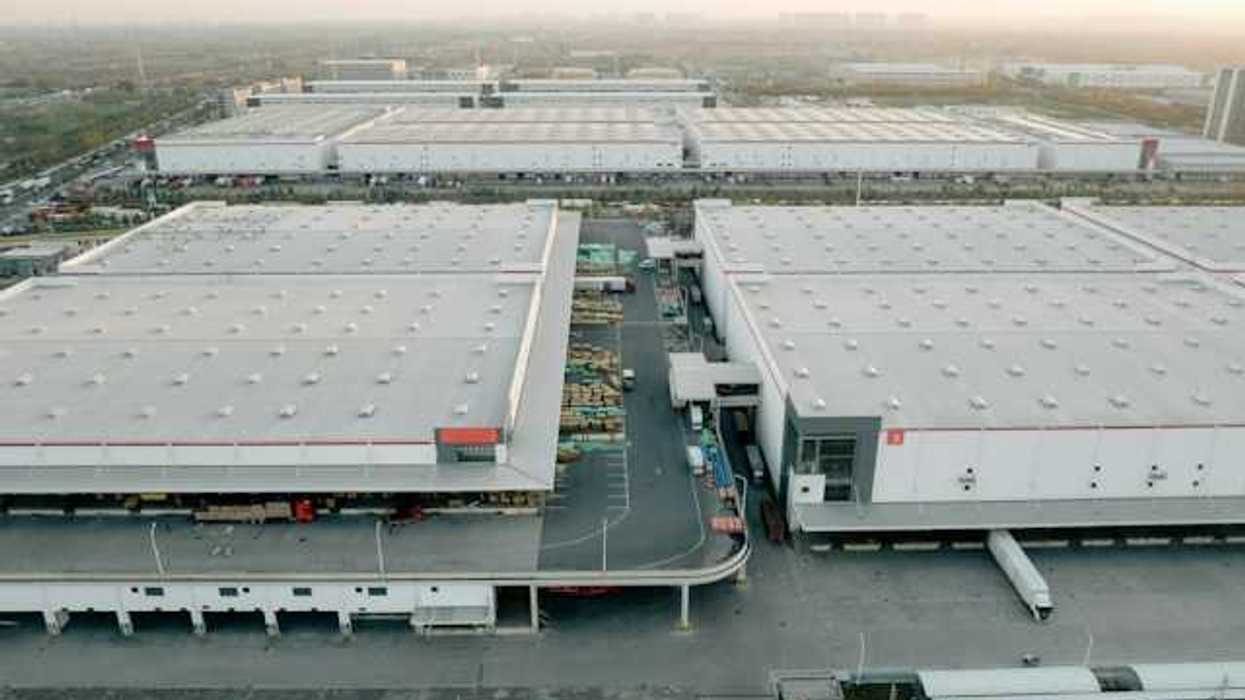 An aerial view of a set of warehouse style buildings