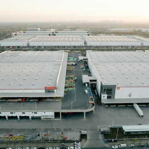 An aerial view of a set of warehouse style buildings