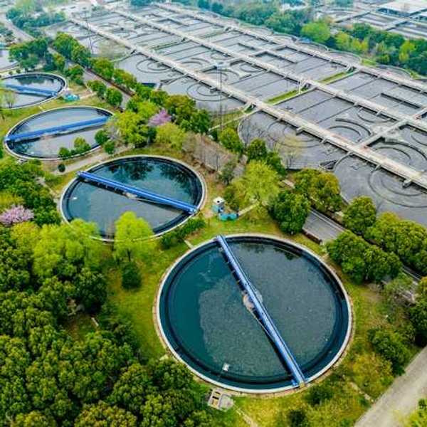 An aerial view of a waste water plant
