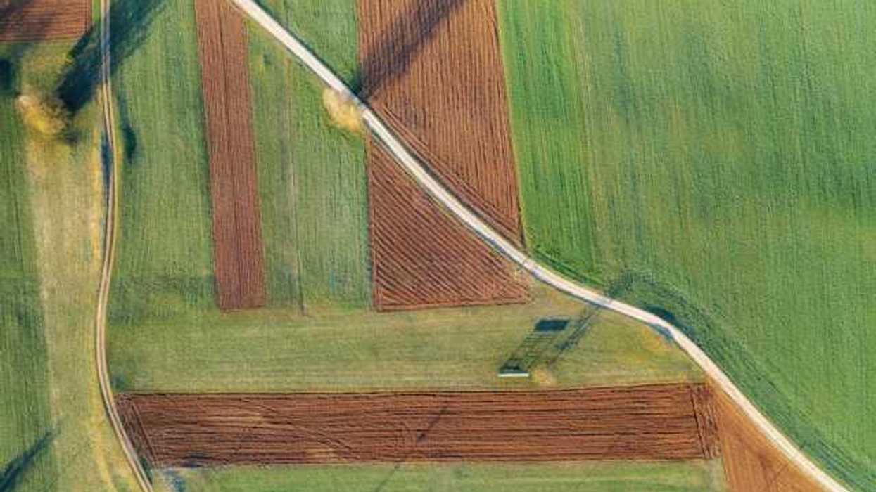 An aerial view of green and brown fields with a road crossing diagonally