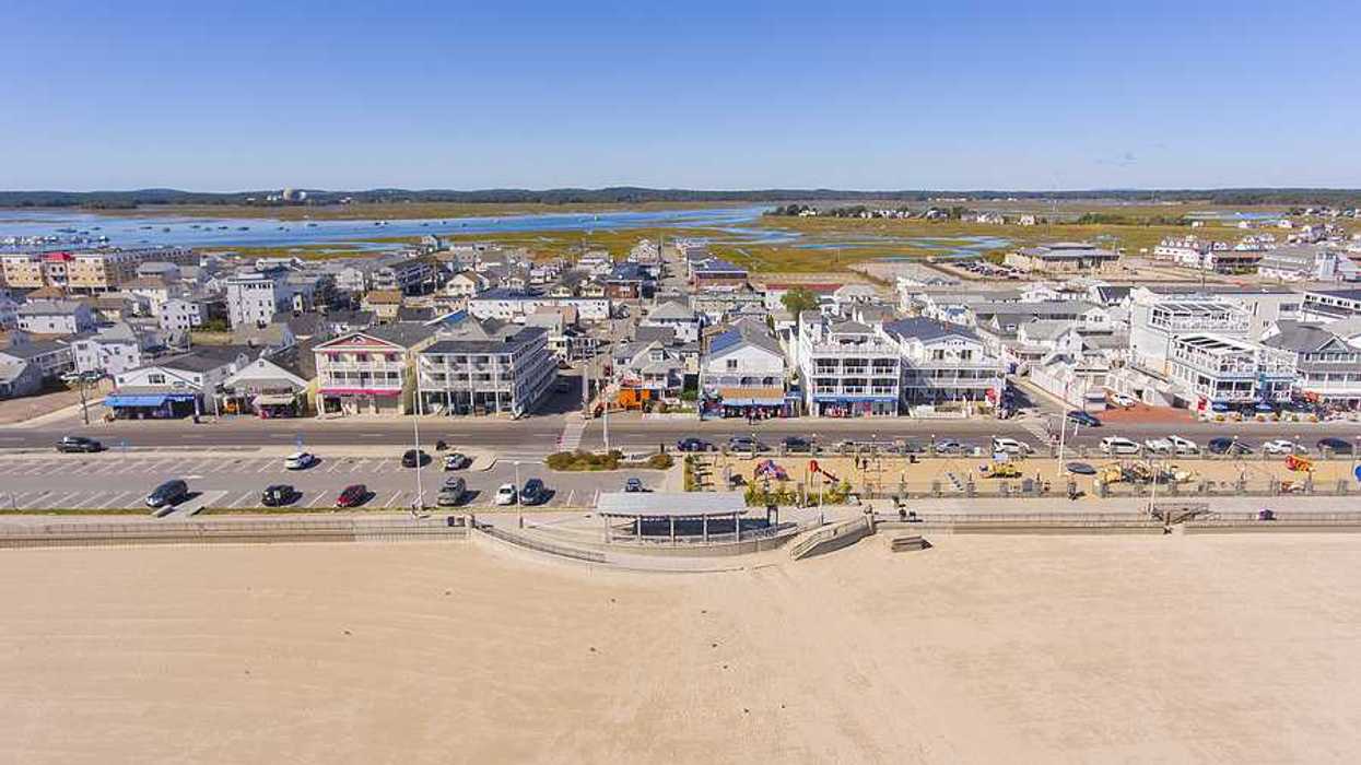 An aerial view of historic waterfront buildings on Ocean Boulevard and Hampton Beach State Park, Town of Hampton, New Hampshire NH