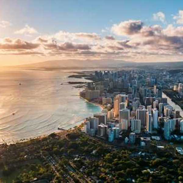 An aerial view of Honolulu and Waikiki on the island of Oahu