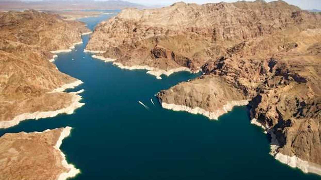 An aerial view of Lake Mead with lower water levels showing