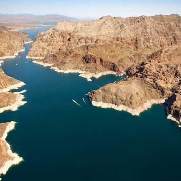 An aerial view of Lake Mead with lower water levels showing