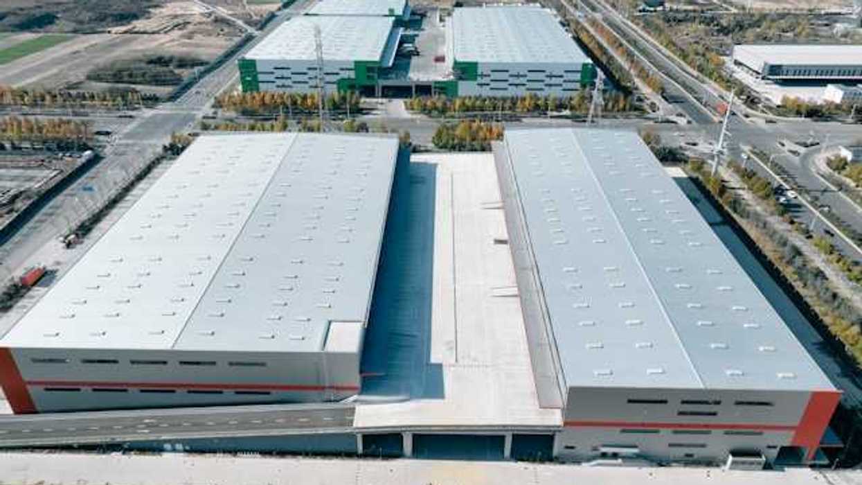 An aerial view of large warehouse type buildings