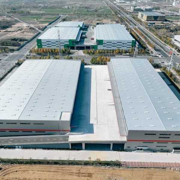 An aerial view of large warehouse type buildings