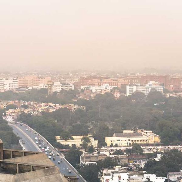 An aerial view of New Delhi with pollution in the sky