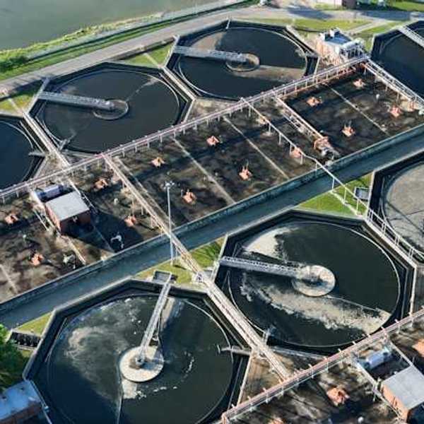 An aerial view of wastewater containment pools