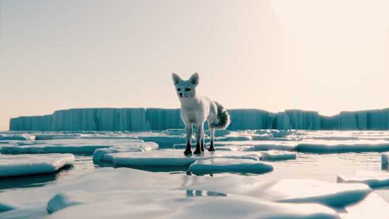 An Arctic fox standing on an ice floe with an iceberg in the background