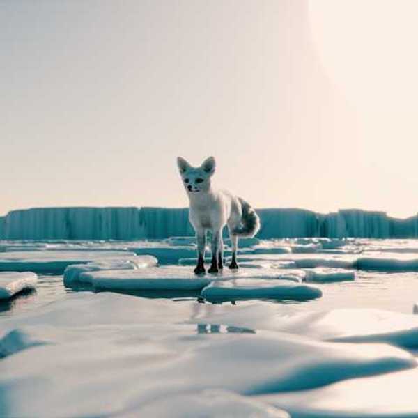 An Arctic fox standing on an ice floe with an iceberg in the background