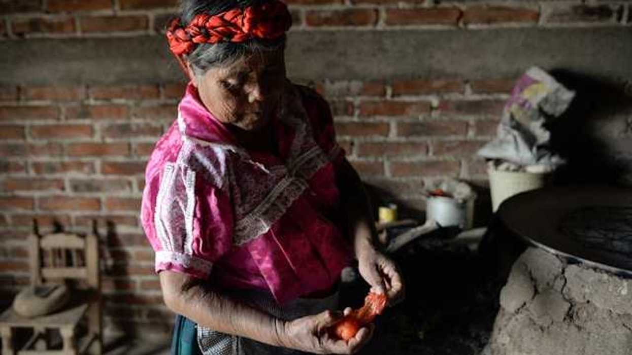 An elderly Guatemalan woman peeling a tomato in a rustic kitchen