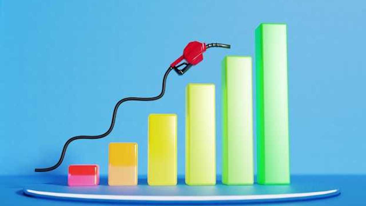 An illustration of a bar chart with a gas dispenser floating above it