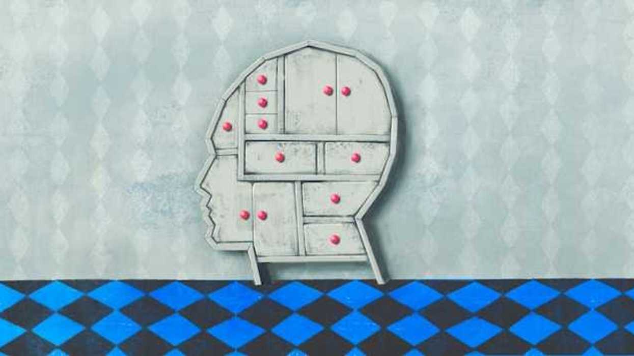 An illustration of a brain with distinct sections with red dots within those sections