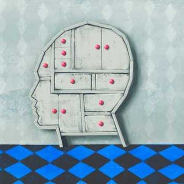An illustration of a brain with distinct sections with red dots within those sections