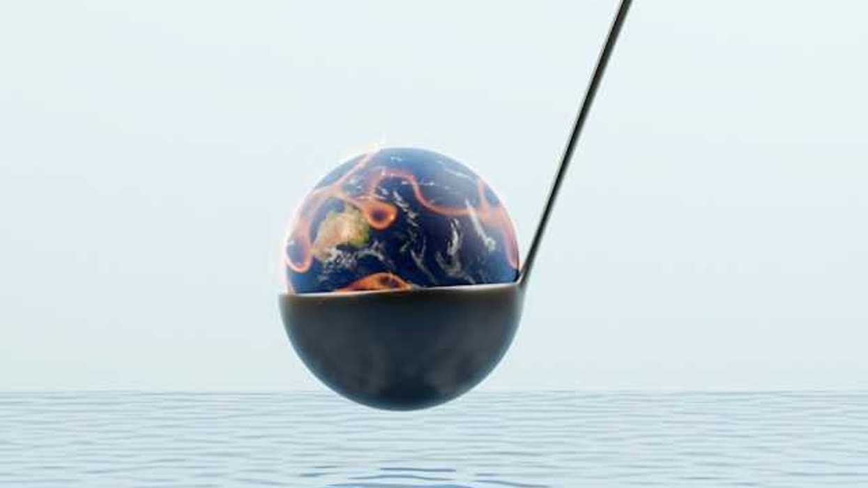 An illustration of a burning earth being dipped into cool water