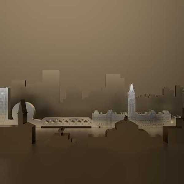 An illustration of a city in grey colors to denote pollution