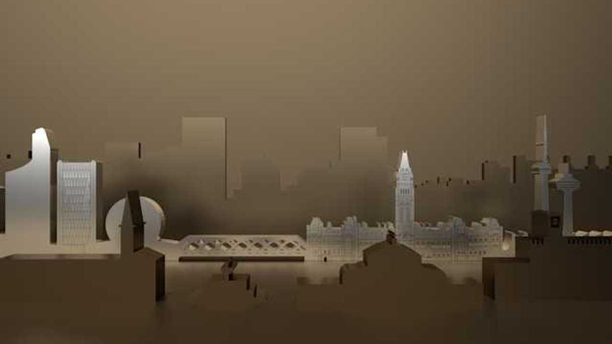 An illustration of a city with smog filled air
