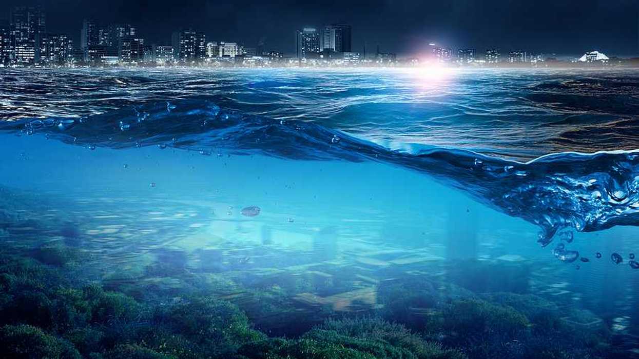 An illustration of a cityscape with a view under the ocean surrounding it