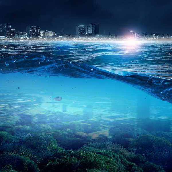 An illustration of a cityscape with a view under the ocean surrounding it