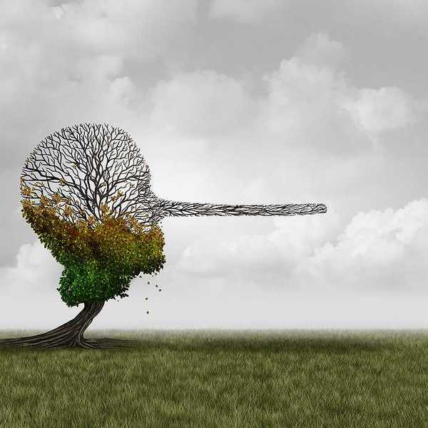 An illustration of a dying tree with a long pinnochio nose