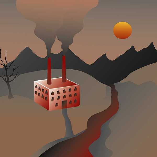 An illustration of a factory spilling pollution into the environment