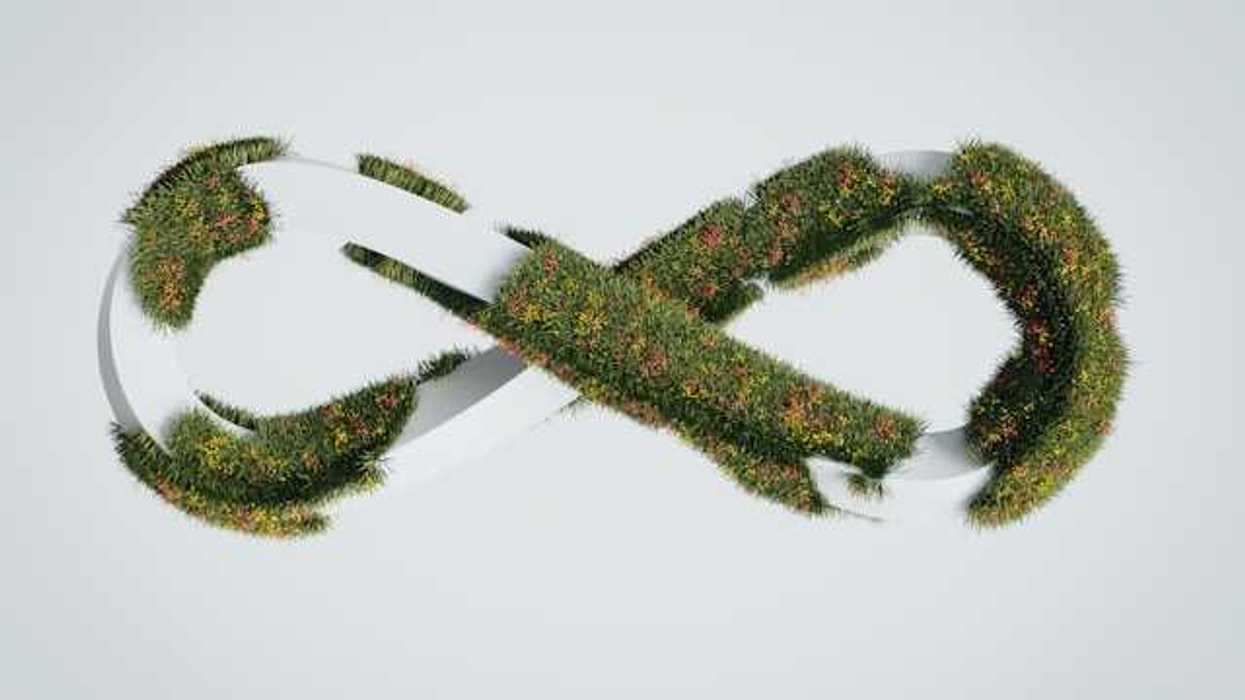 An illustration of a figure eight on its side covered in green grass