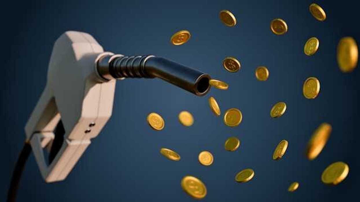 An illustration of a gas pump with golden coins floating out of it