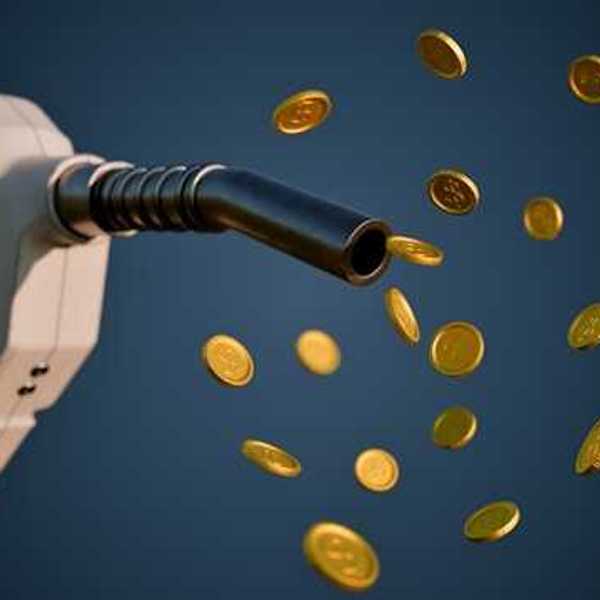 An illustration of a gas pump with golden coins floating out of it