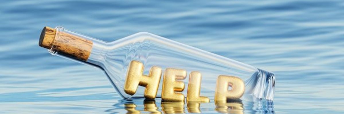 An illustration of a glass bottle floating in water with the word HELP inside of it.