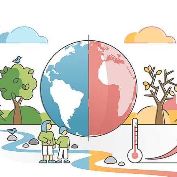 An illustration of a healthy earth on the left and a warming earth on the right