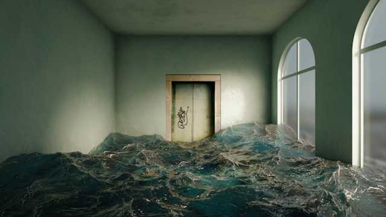 An illustration of a home with with arched windows inundated with flood water