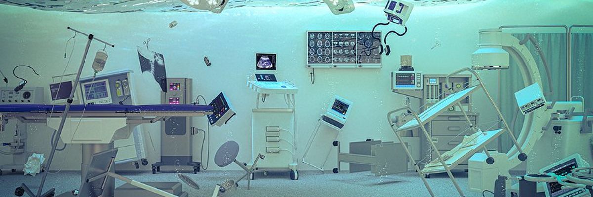 An illustration of a hospital operating room under water during a flood.