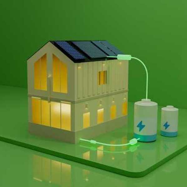 An illustration of a house with batteries hooked up to rooftop solar panels