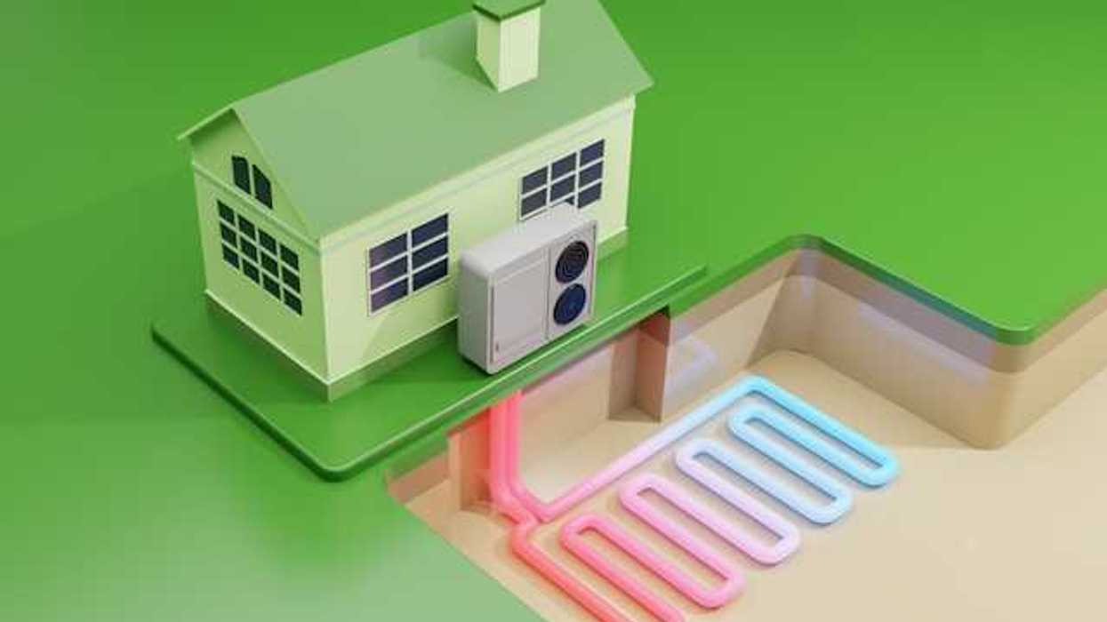 An illustration of a house with geothermal energy leading to a heat pump