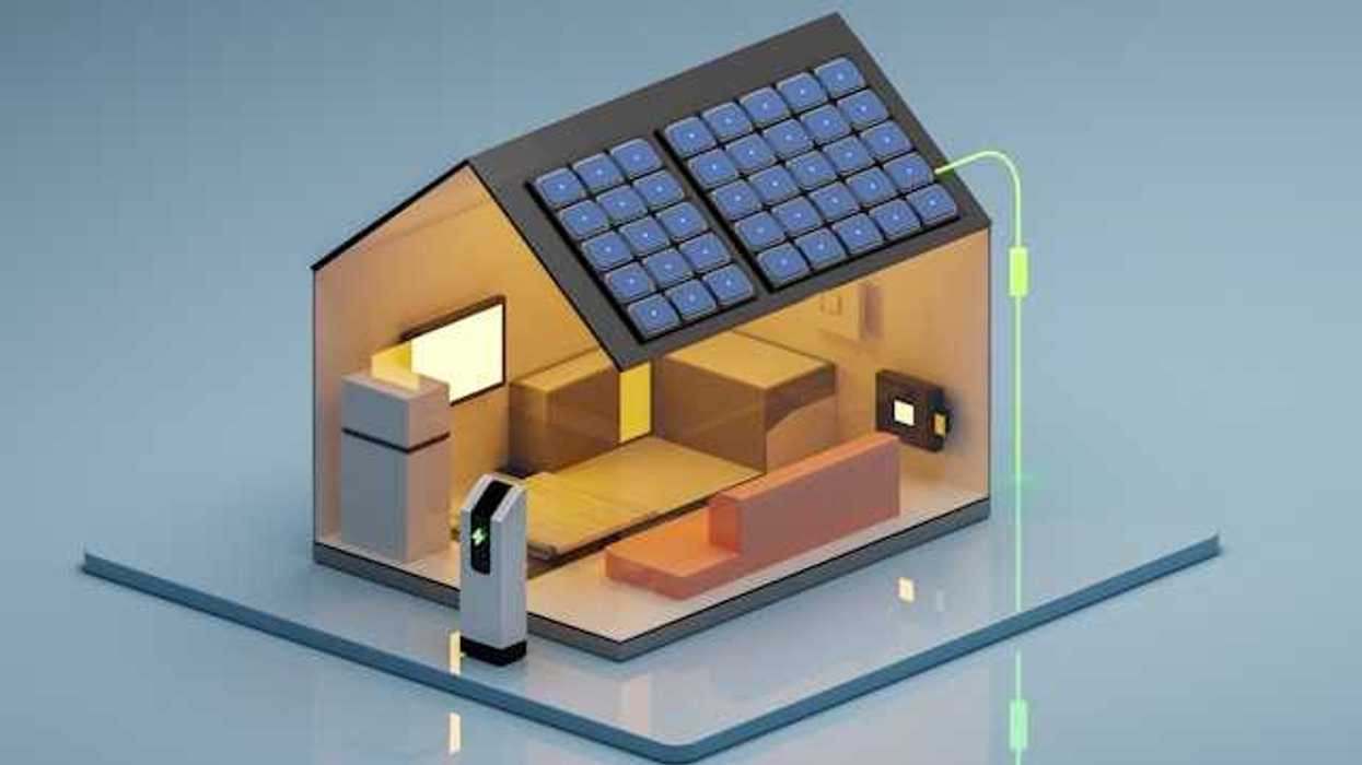 An illustration of a house with solar panels and an EV charging station