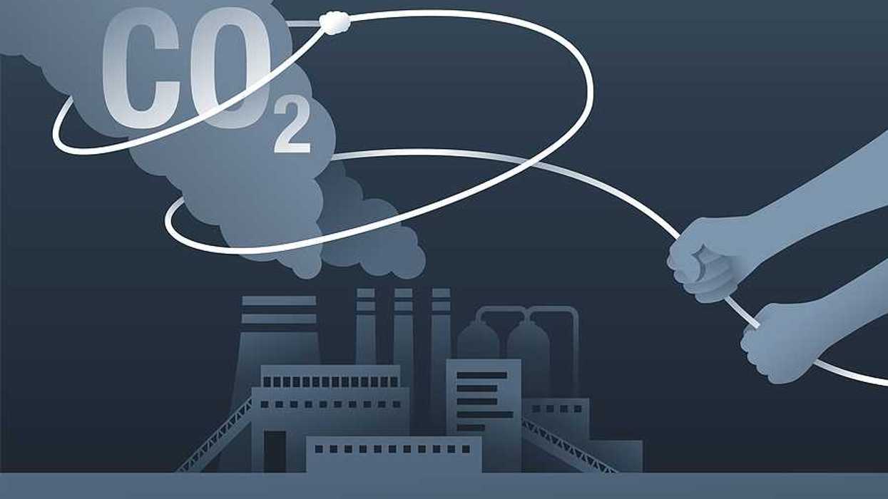 An illustration of a lasso catching harmful smoke coming from an industrial building
