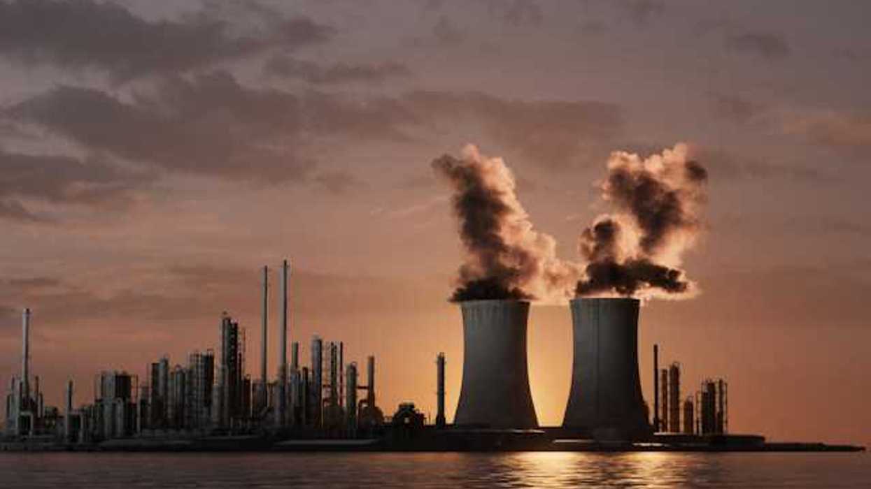 An illustration of a power plant emitting smoke into the air with water in the foreground