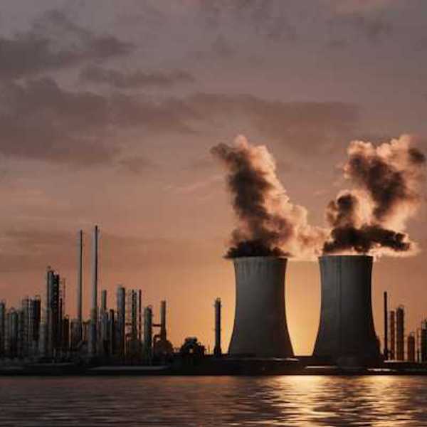 An illustration of a power plant emitting smoke into the air with water in the foreground