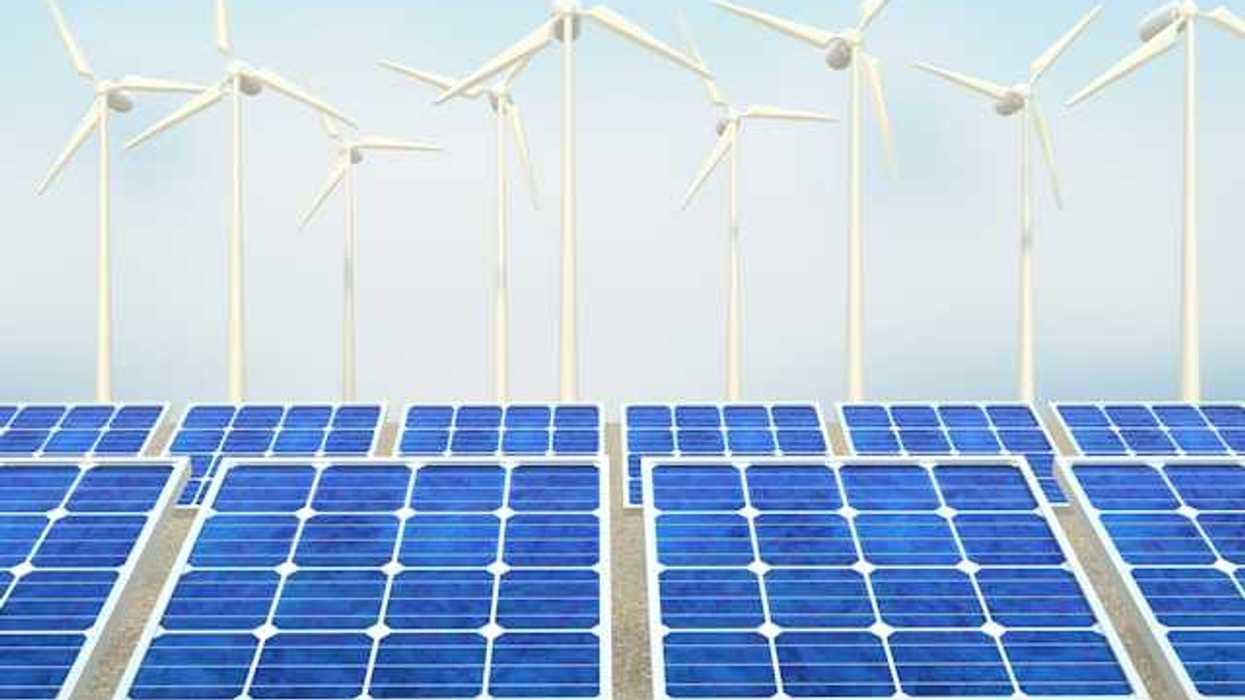 An illustration of a row of solar panels and wind turbines