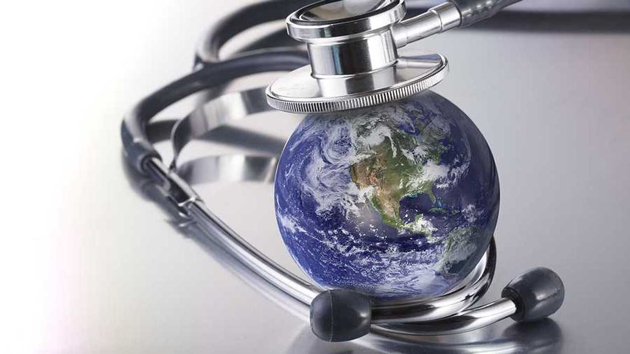 An illustration of a stethoscope on top of a model of the Earth