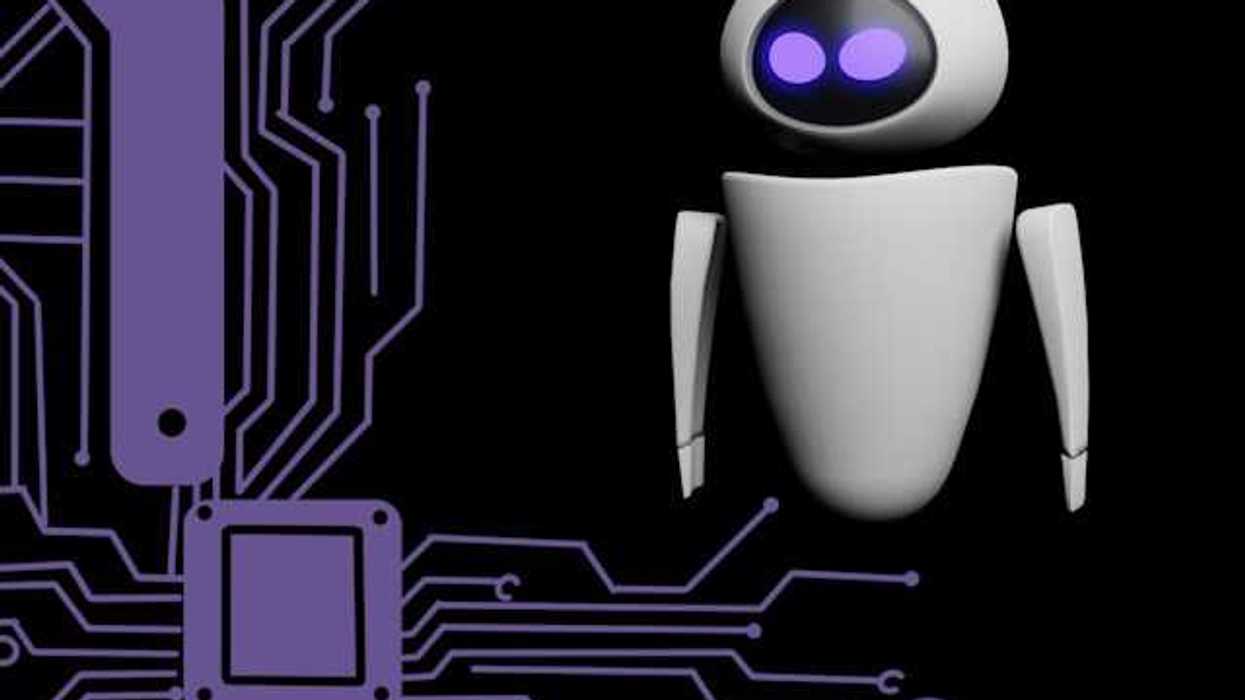 An illustration of an AI chat bot with purple wires next to it